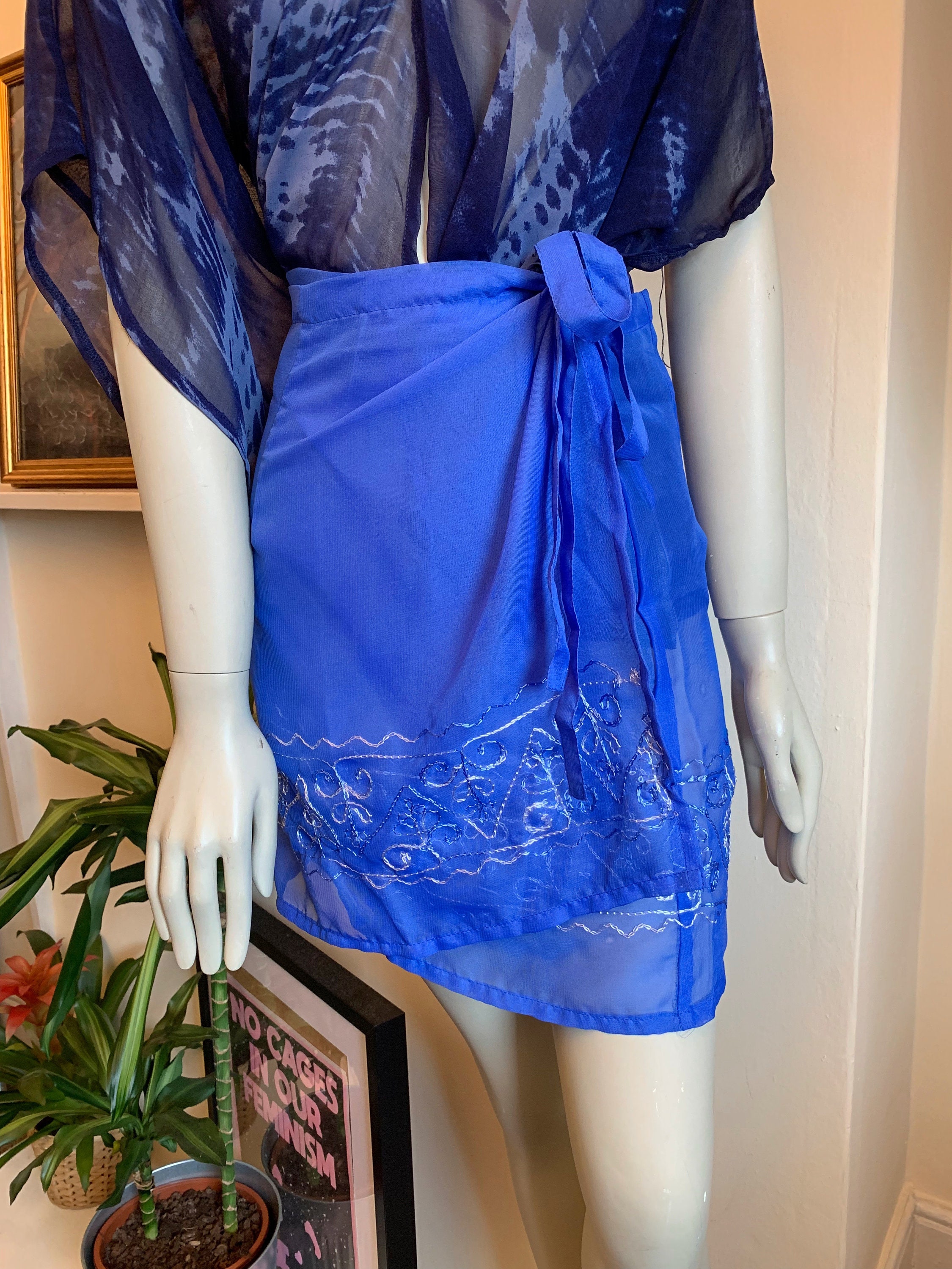 Image of Vintage Blue Embroidered Sheer Sarong Wrap Skirt - One Size Embroidery Detail Tie Waist
