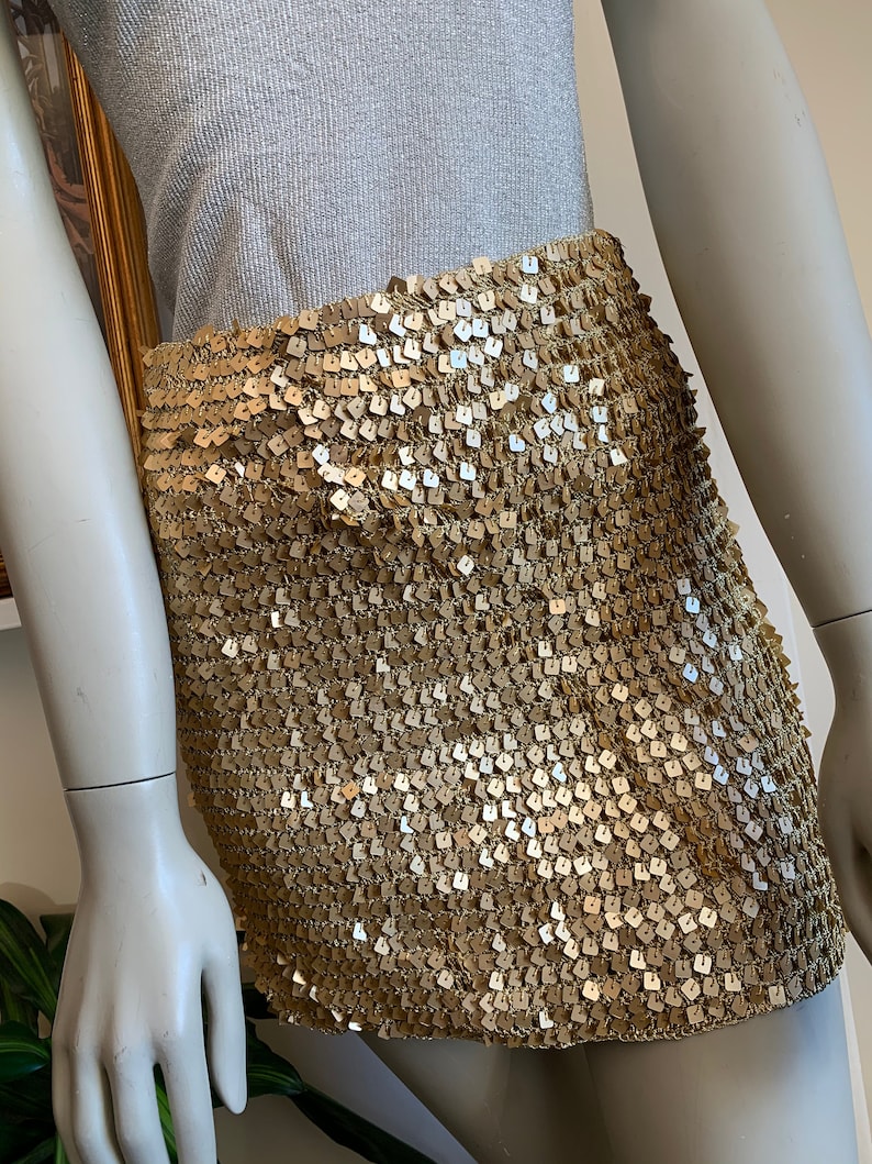 VINTAGE 90s Gold Sequin Mini Skirt Small 1990s Gold Tube Skirt