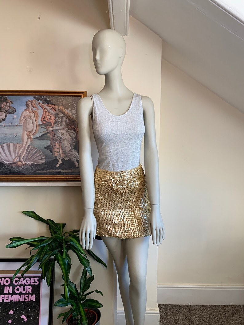 VINTAGE 90s Gold Sequin Mini Skirt Small 1990s Gold Tube Skirt