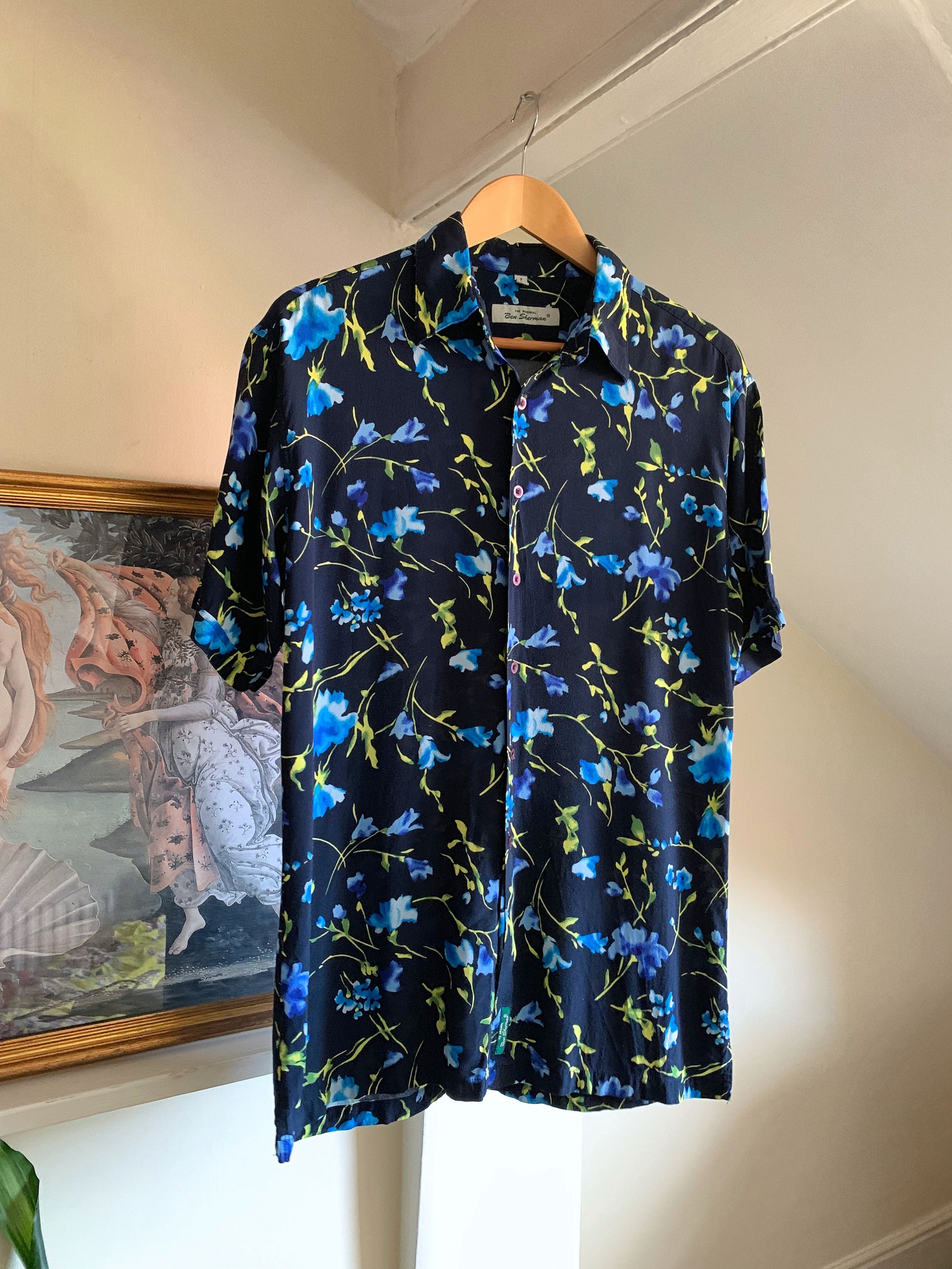 Image of Vintage Ben Sherman Blue Floral Print Shirt - Small/Medium The Original Vintage Short Sleeved
