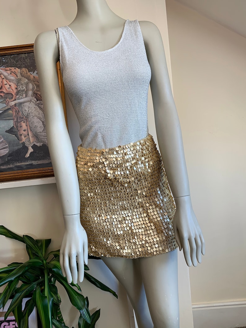 VINTAGE 90s Gold Sequin Mini Skirt Small 1990s Gold Tube Skirt