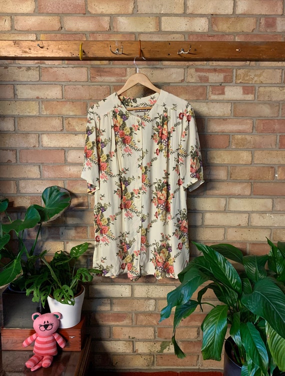 VINTAGE 1980s 1990s Cream Floral Smock Collarless