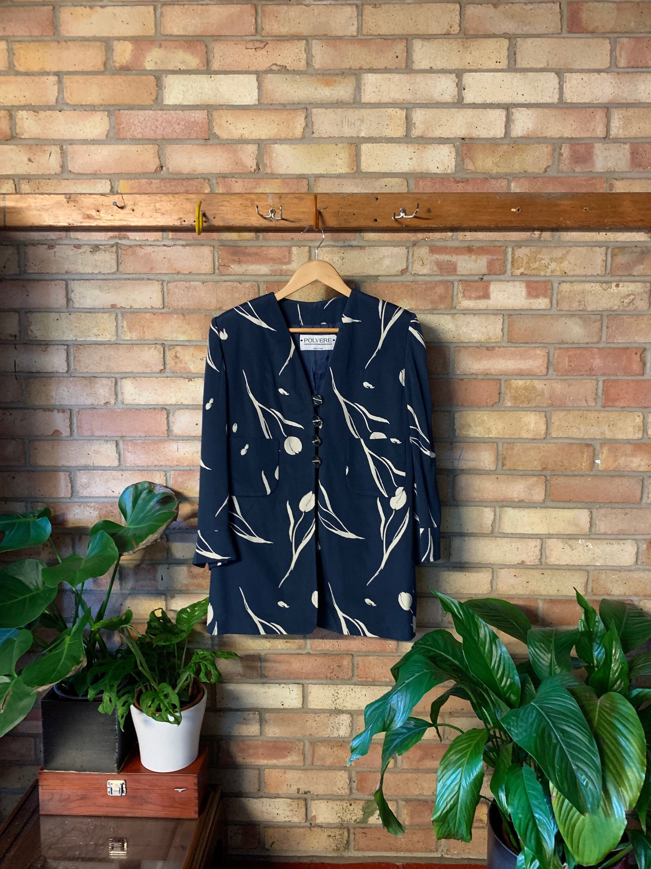 Image of Vintage S S Blue White Abstract Print Silk Blend Suit Jacket S S Formal Diamante Detail