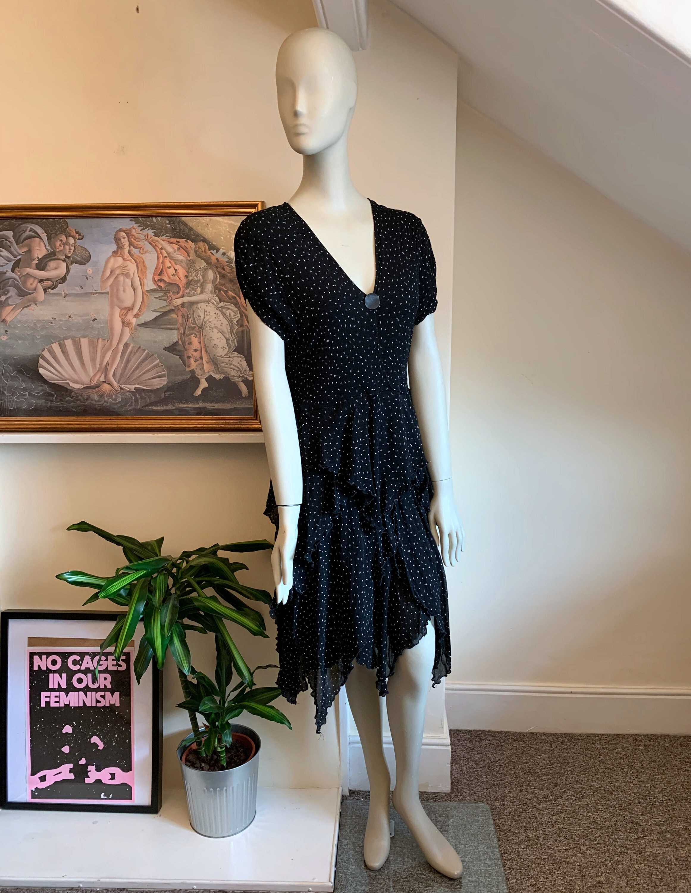 Image of Vintage S S Polka Dot Open Back Dress -    Hanky Hem Party S S Ra