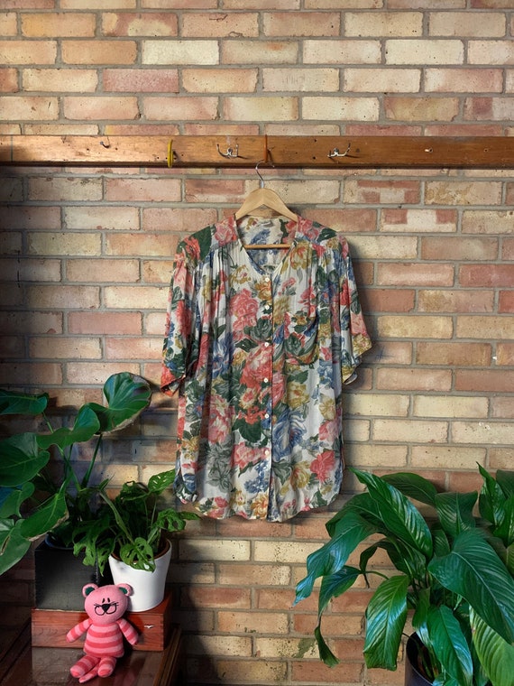 VINTAGE 1980s 1990s Grey Floral Smock Collarless B