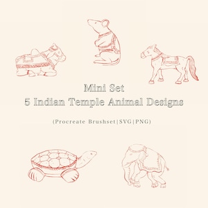 May include: A digital collection of five red line art illustrations featuring a mouse, a camel, a horse, a turtle, and an elephant. The text reads: Mini Set 5 Indian Temple Animal Designs (Procreate Brushset|SVG|PNG). The background is cream.