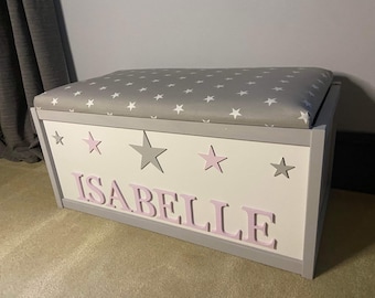 Personalised toy box with safety gas strut. Toy Box Personalised Wooden Large Custom Bespoke White Nursery