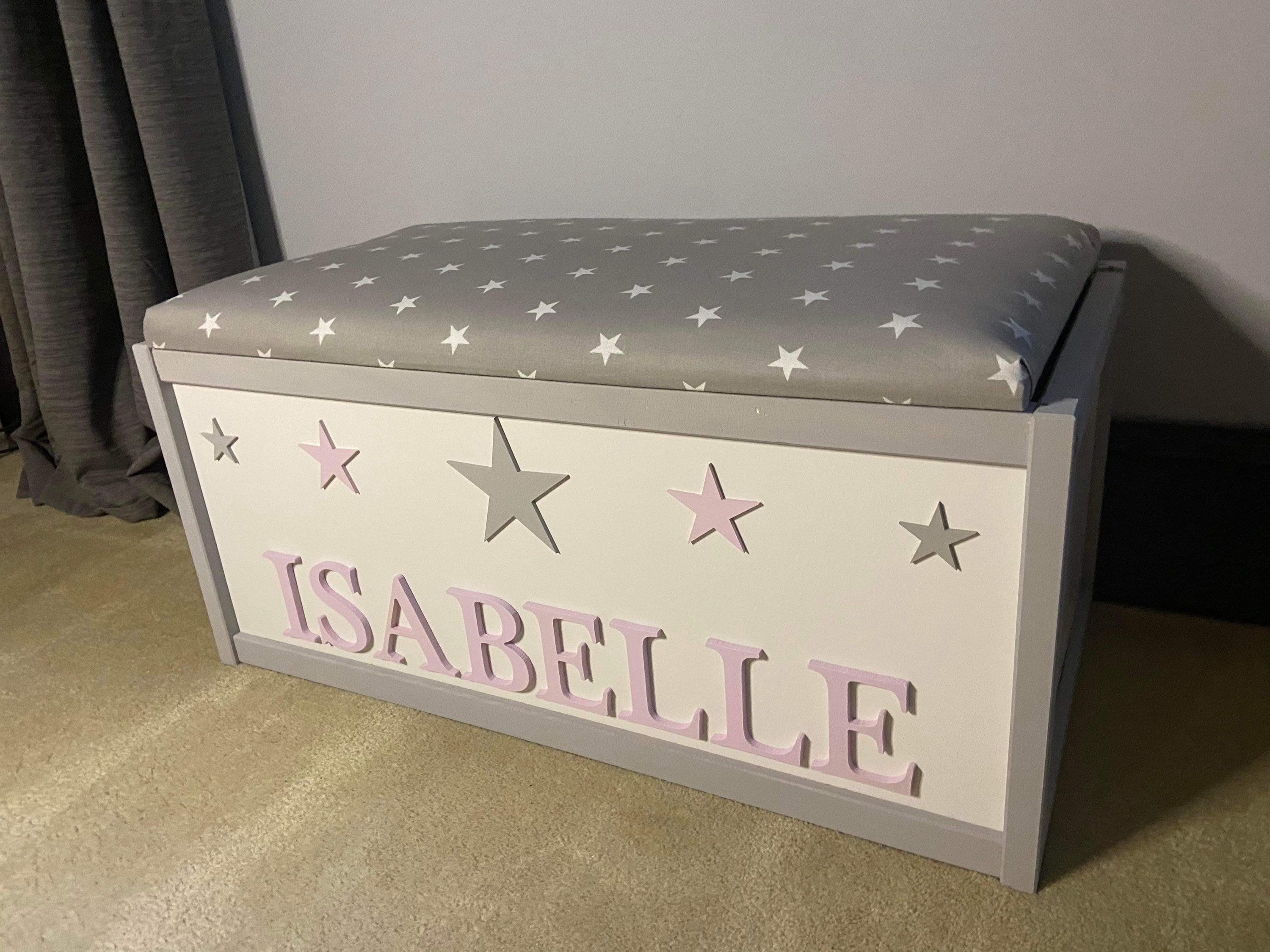 Personalised toy box With Hinged Padded Lid And Safety Piston 