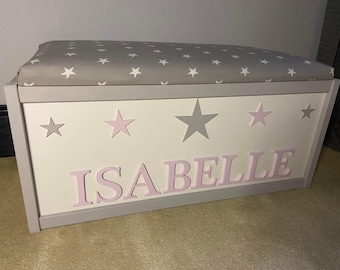 Large personalised toy box with safety gas strut. Padded star lid seat, blanket storage or toy storage. Hinged lid, ideal baby gift.