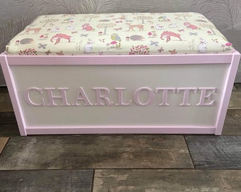 Personalised toy box with safety gas strut.