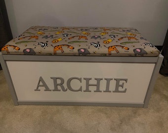 Personalised toy box with safety gas strut.