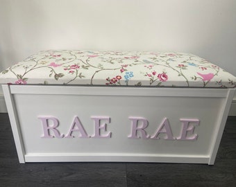 Personalised toy box with lift off lid, can be used as a seat, lovely gift or nursery furniture/blanket box. Add your child's name.