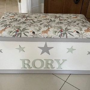 Personalised toy box with hinged lid and safety piston ideal gift