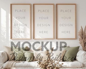 3 Vertical Wooden Frames Cozy Boho Living Space Mockup PSD in Warm Home Interior