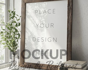 Vertical Wooden Frame On Dresser Decorative Plants and Books Mockup PSD in Warm Home Interior