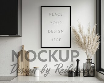 Vertical Black Frame On Modern Kitchen Counter Mockup PSD in Clean Home Interior