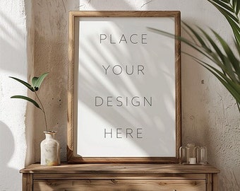Vertical Wooden Frame On Dresser Decorative Plants Mockup PSD in Warm Home Interior