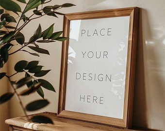 Vertical Wooden Frame On Dresser Mockup PSD in Warm Home Interior