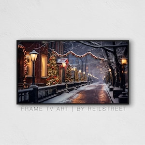 May include: A snowy street lined with brick buildings decorated with Christmas lights and garlands. The street is illuminated by street lamps and the snow is falling softly.