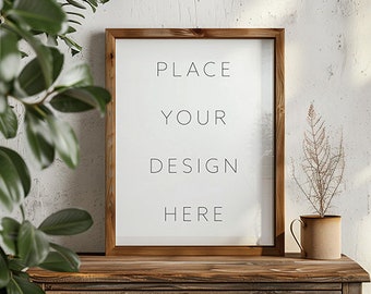 Vertical Wooden Frame On Wooden Dresser Mockup PSD in Warm Home Interior