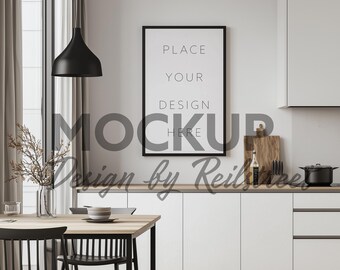 Vertical Black Frame In Modern Kitchen Dining Mockup PSD in Clean Home Interior