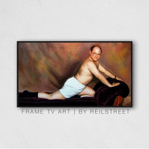 May include: A painting of a man in white underwear lying on a purple chaise longue. The man is wearing glasses and has a moustache. The background is brown and orange.