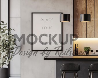 Vertical Black Frame In Modern Kitchen Bar Mockup PSD in Warm Home Interior