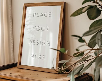 Vertical Wooden Frame On Wooden Dresser Mockup PSD in Warm Home Interior