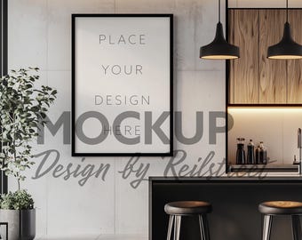 Vertical Black Frame In Modern Kitchen Bar Area Mockup PSD in Clean Home Interior
