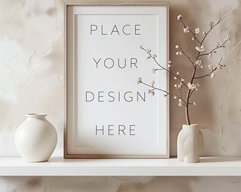 Vertical Wooden Frame with Passepartout Mockup PSD in Clean Home Interior