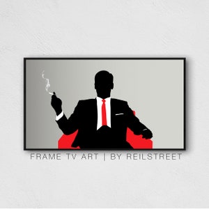 Puede incluir: Una silueta en blanco y negro de una persona sentada en una silla roja, fumando un cigarrillo. El fondo es gris. El texto "FRAME TV ART | BY REILSTREET" está en la parte inferior de la imagen.