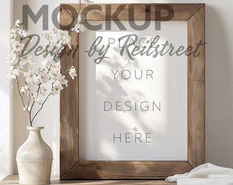 Vertical Massive Wooden Frame On Dresser Decorative Flowers Mockup PSD in Warm Home Interior