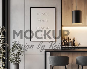 Vertical Black Frame In Modern Kitchen Mockup PSD in Warm Home Interior