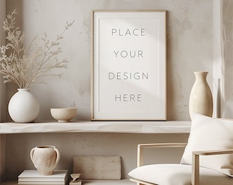 Vertical Wooden Frame with Passepartout Mockup PSD in Clean Living Room Interior