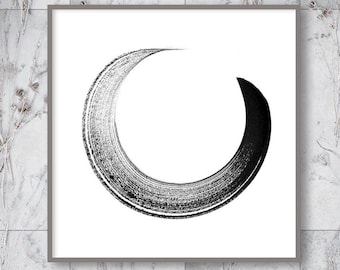 Abstract Enso Circle Zen Wall Art, Black White Ink Brush Strokes, Minimalist Print, Modern Decor.