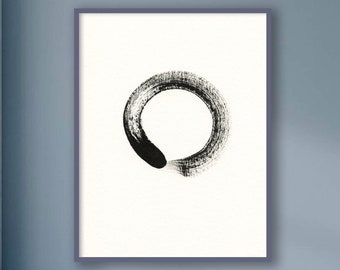 Modern Black and White Ink Strokes Enso Circle Zen Painting, Abstract Wall Art Print, Modern Wall Art.