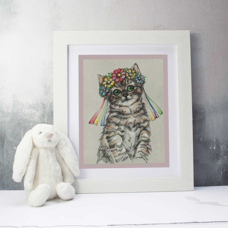 Tabby Cat in Floral Crown Pen Line Drawing Art Print Pet Etsy