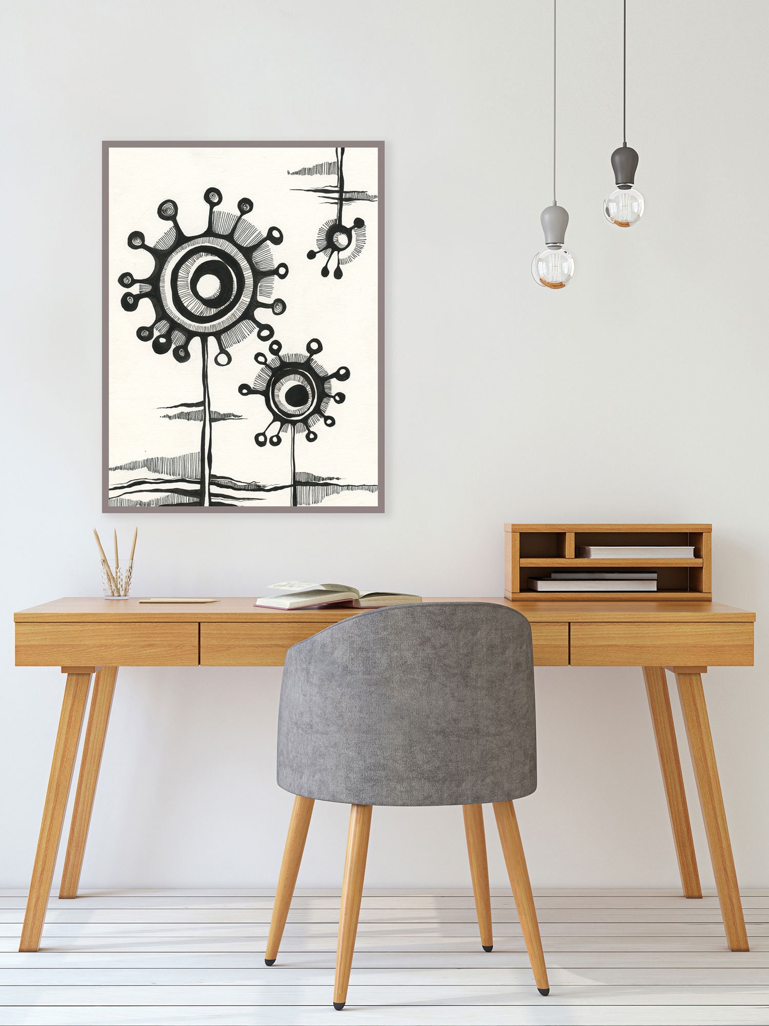 Modern Black and White Abstract Flower Wall Art Print, Scandinavian ...