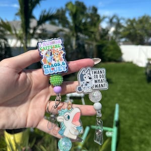 Blue dog, muffin,bingo, unicorse,chaos , mum, ID holder, nurse badge holder, teacher