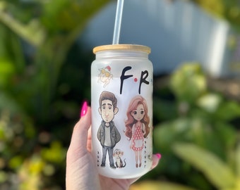 Friends, hot chocolate , coffee,  frosted libbey, 16oz glass cup with bambo lid, sublimation finish