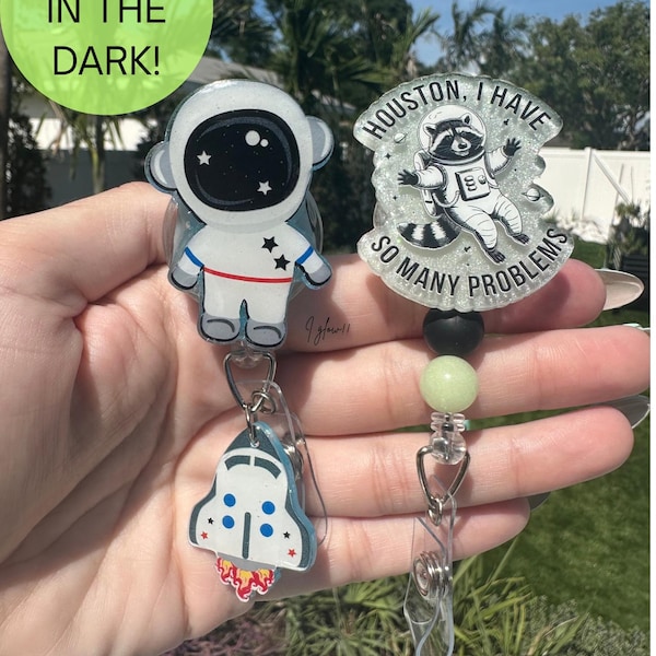 Astronauta y nave espacial, Huston, brillan en la oscuridad, enfermera, carrete de credencial, porta credencial, porta credencial de enfermera, brillan en la oscuridad