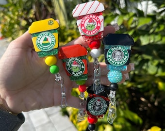Star coffee cup, Grinchmas blend, Jack and Sally, elf, world’s best cup of coffee , Christmas badge reel, ID holder, nurse badge