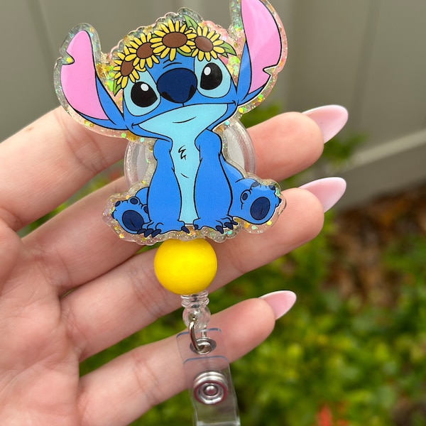 Stitch badge reel, sunflowers, experiment 626, blue monster, blue alien, spring badge reel, ID holder