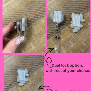 May include: Image showing a dual lock badge reel with an interchangeable topper. The text reads "Dual lock for interchangeable badge design. DOES NOT sit flush, pic below." and "Dual lock option, with reel of your choice. Topper ONLY, comes with dual lock attached."