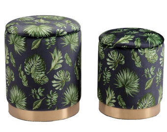 Benson Velvet Ottoman Storage Set of 2 Green, Black & Gold Base | Palm Leave, Tropical, Floral Print | 2PCS