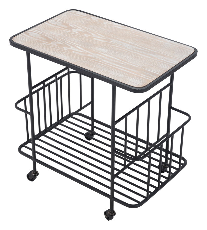 Argus Bar Cart Black Metal & Light Wood With 3 Shelves on Wheels Rustic