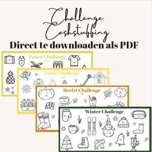Op de afbeelding: Vier seizoensgebonden challengekaarten met handgetekende illustraties. De kaarten zijn gelabeld met "Zomer Challenge", "Lente Challenge", "Herfst Challenge" en "Winter Challenge". De tekst "Challenge Cashstuffing" en "Direct te downloaden als PDF" is ook aanwezig.