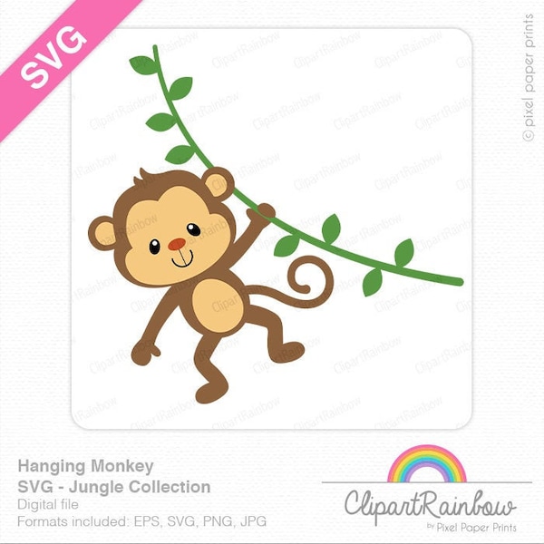 Hanging Monkey SVG - Jungle animals clip art - SVG - Cut Files - PNG File - Digital download - Vector file - Monkey clipart