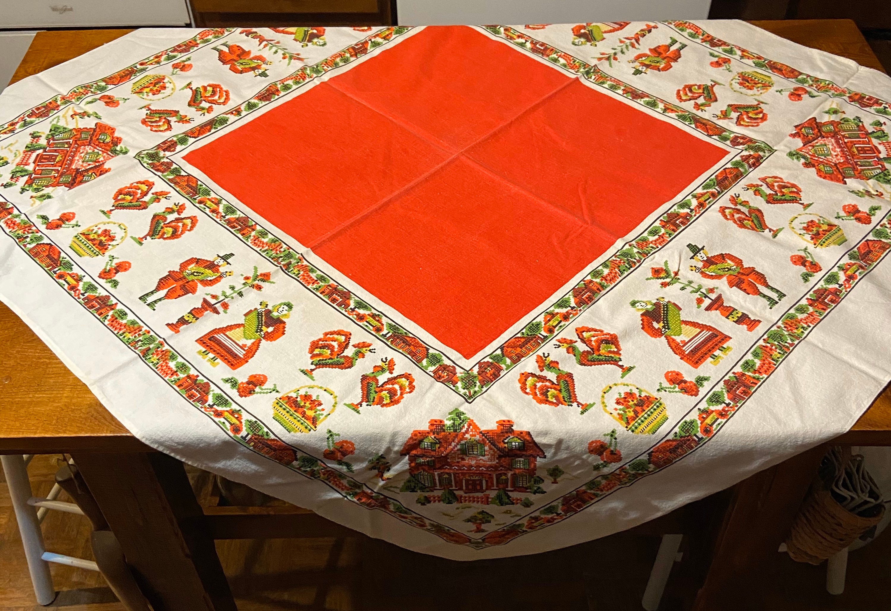 Vintage Linen Tablecloth 1950s Dutch Roosters FREE SH Etsy