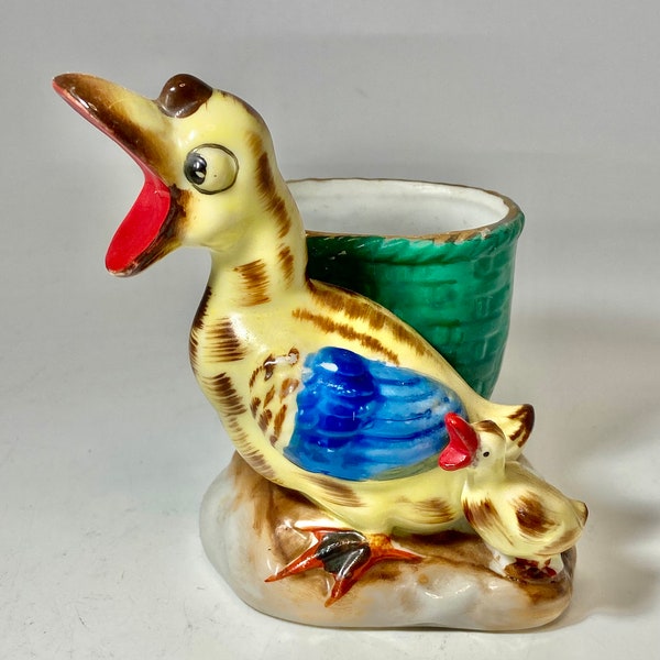 Vintage hand painted Japan ceramic honking Momma duck and baby hand painted toothpick,wood match,planter Made in Japan